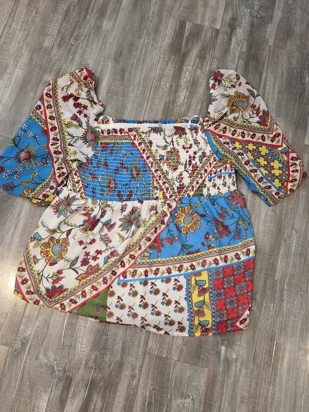 Calvin Klein Floral Patchwork Smocked Peasant Top — Blue, Red, Yellow, White